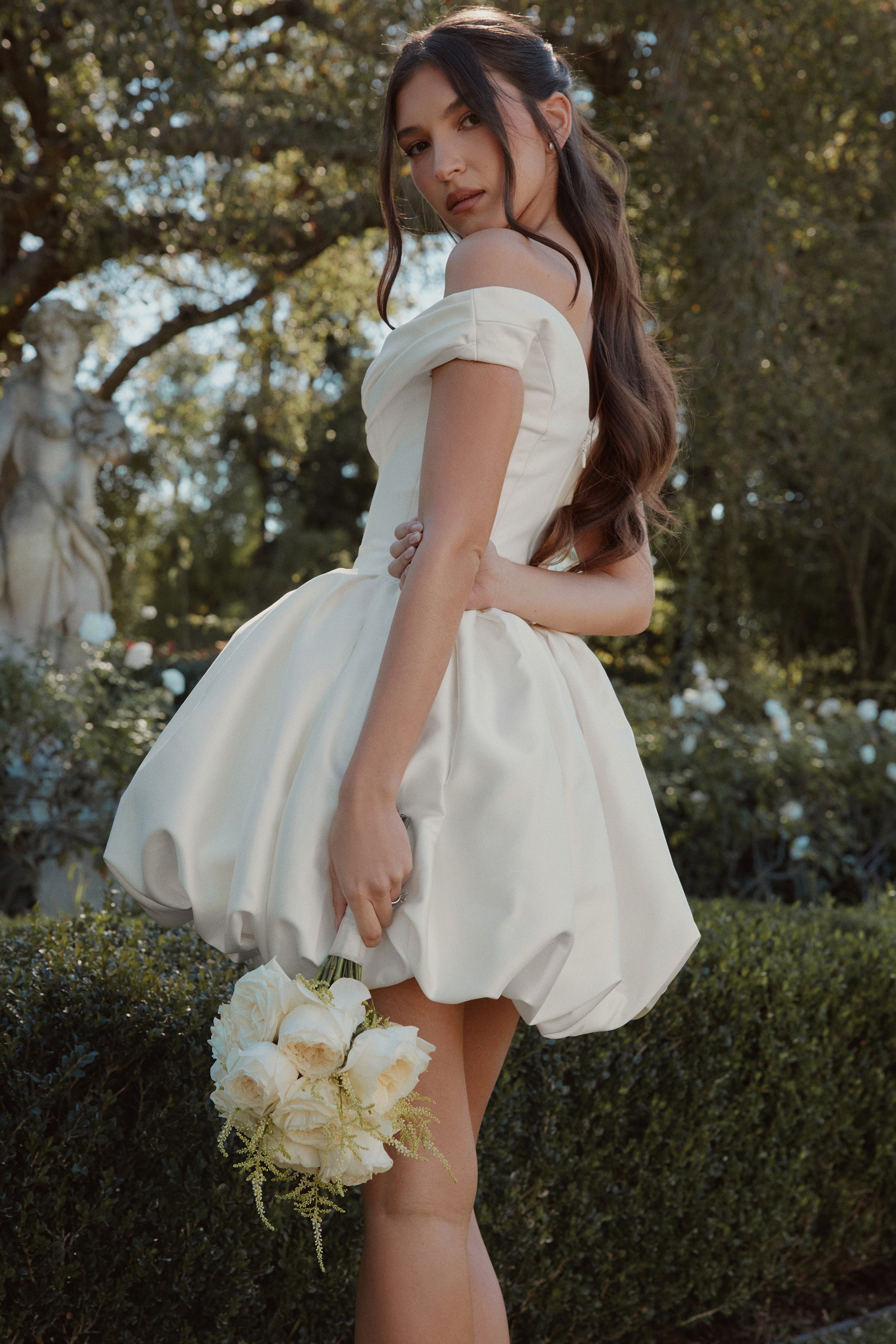 ivory satin off shoulder mini bridal gown