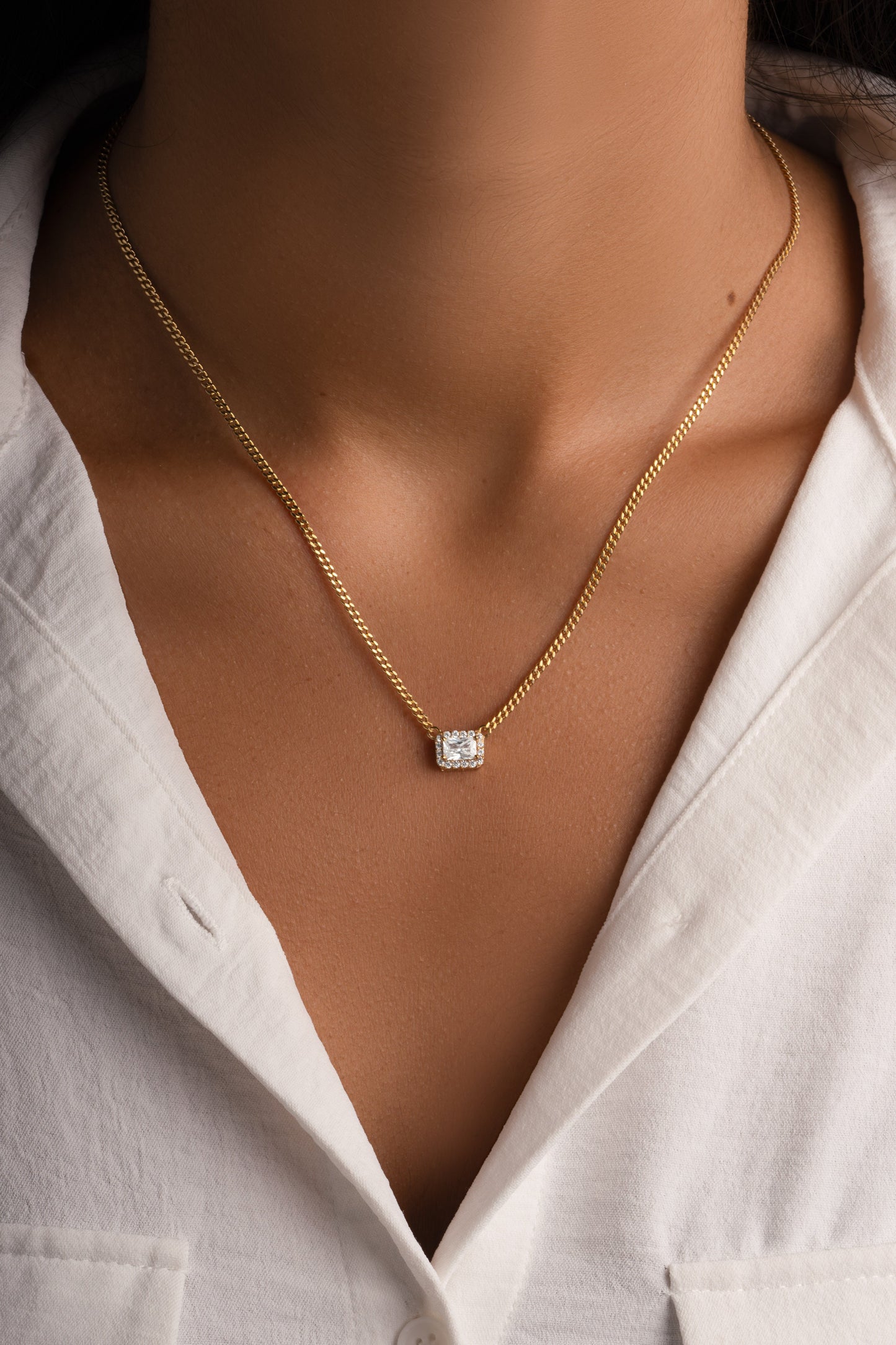 Halo Emerald Cut Necklace on Cuban Chain