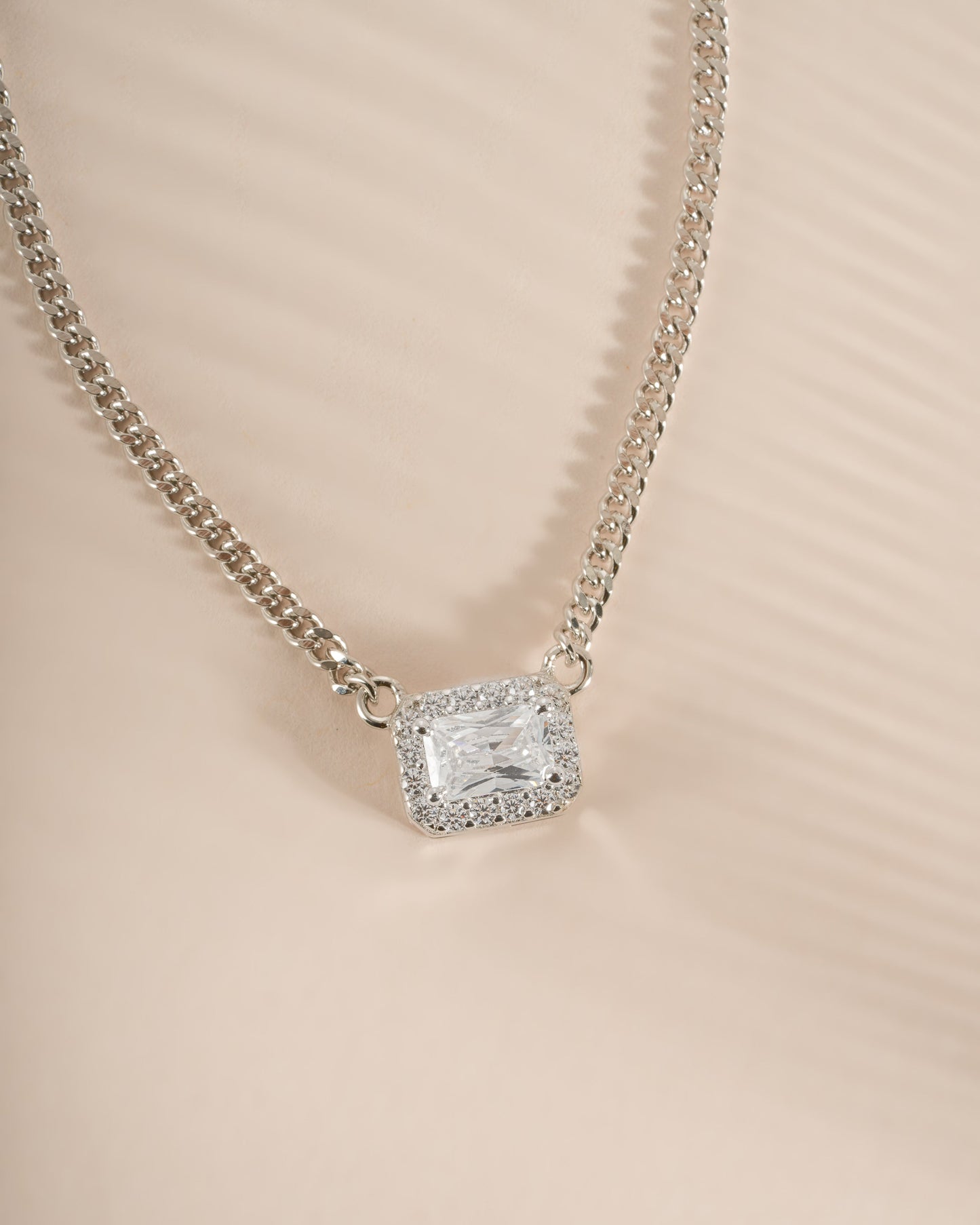 Halo Emerald Cut Necklace on Cuban Chain