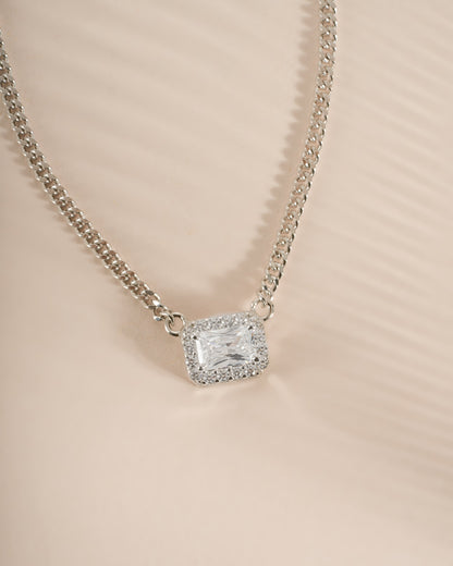 Halo Emerald Cut Necklace on Cuban Chain