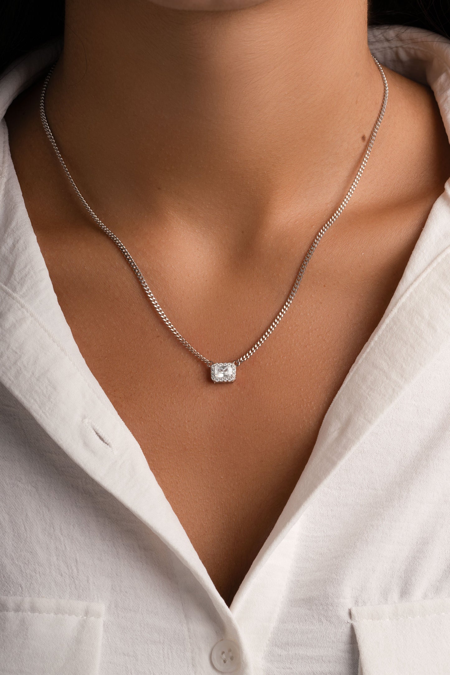 Halo Emerald Cut Necklace on Cuban Chain