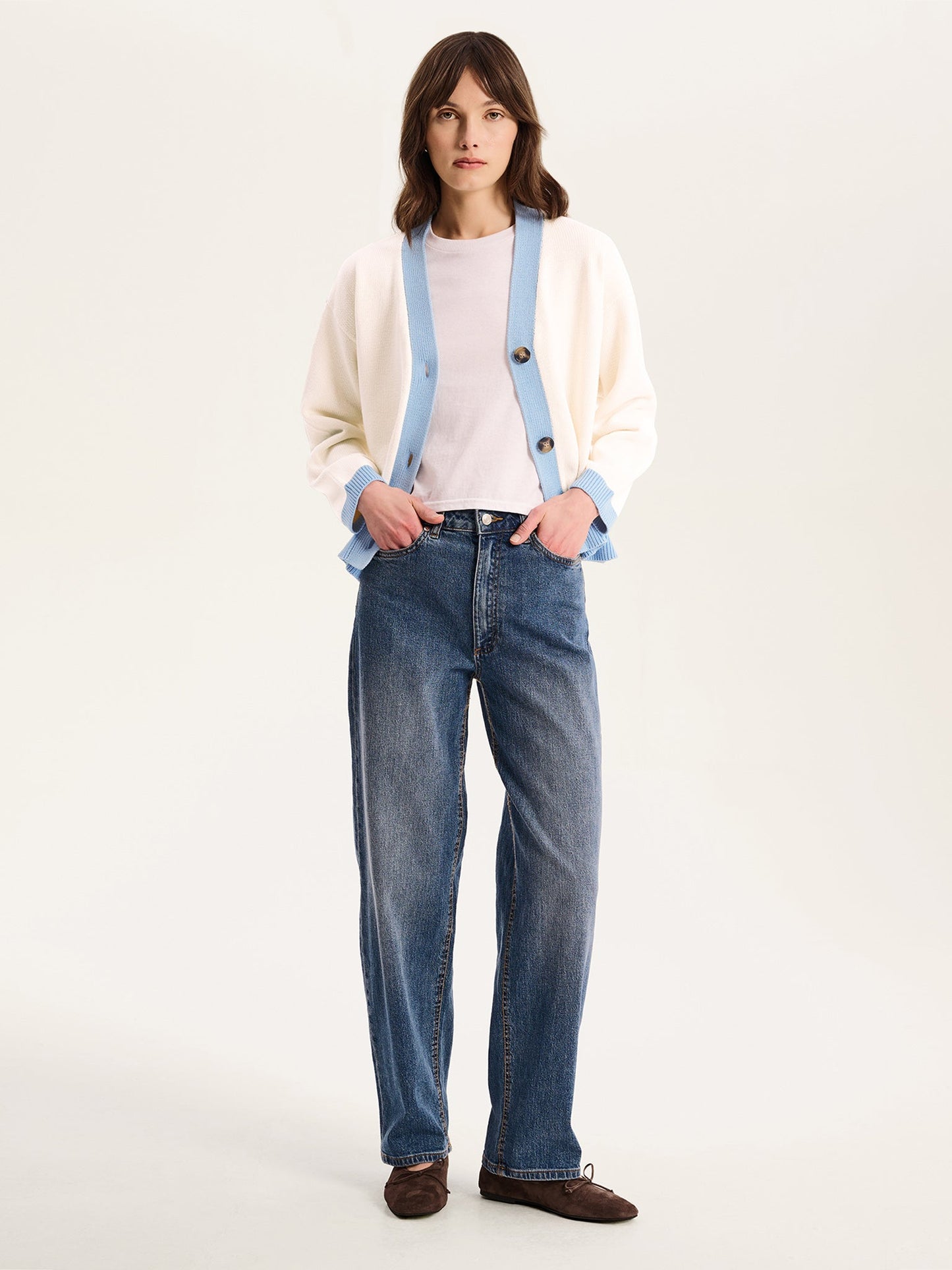 Henni Cotton Cardigan in Cream and Blue
