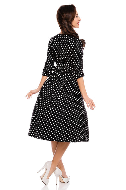 Katherine Long Sleeve 50s Style Swing Dress in Black Polka