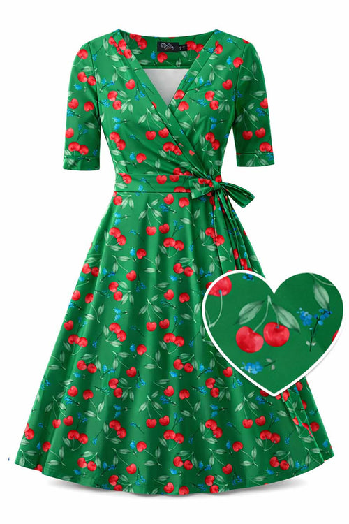 Matilda Red Cherry Wrap Dress in Emerald Green