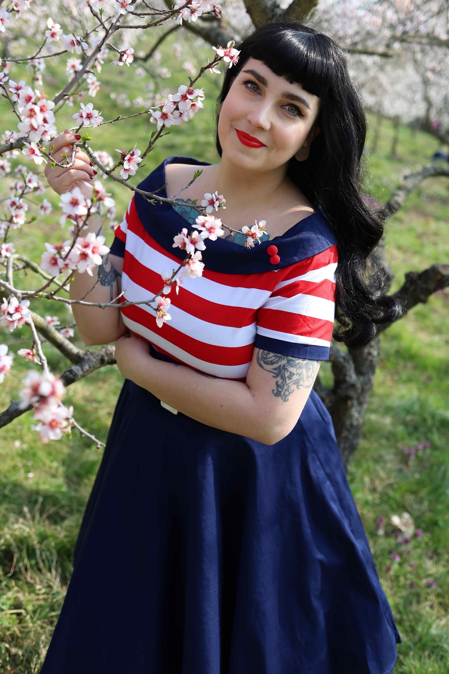 Darlene Nautical Swing Dress in Navy with Red & White Stripes