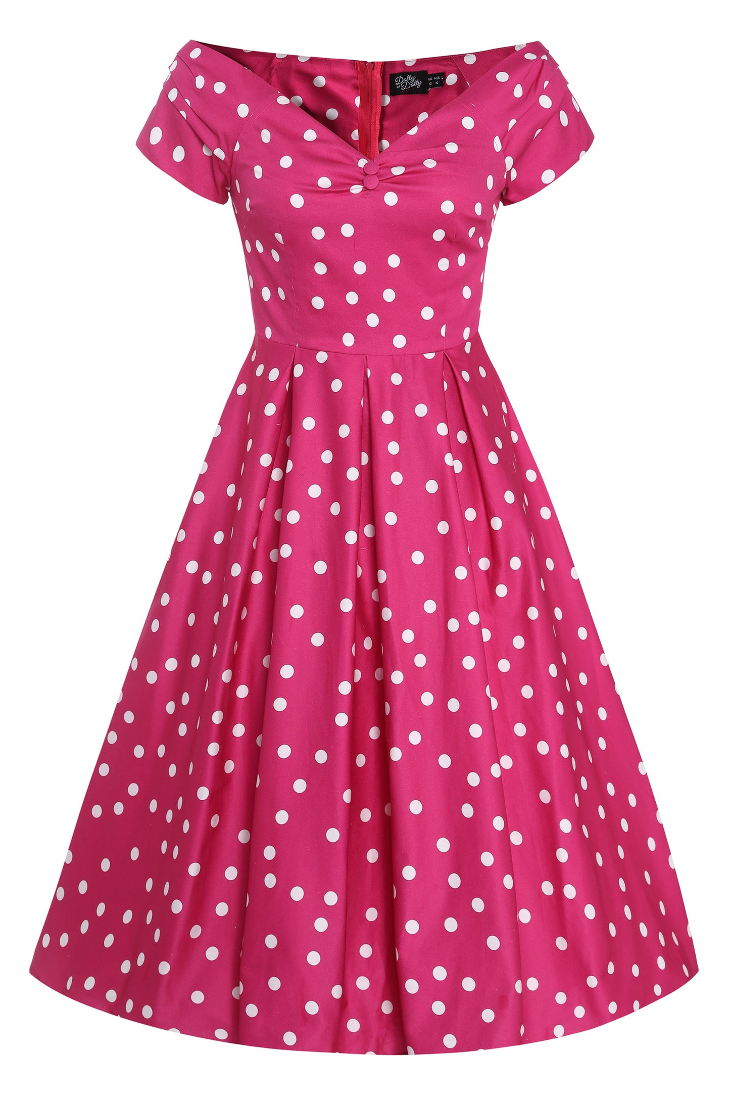 Lily Off-Shoulder Polka Dot Evening Dress in Hot Pink/White