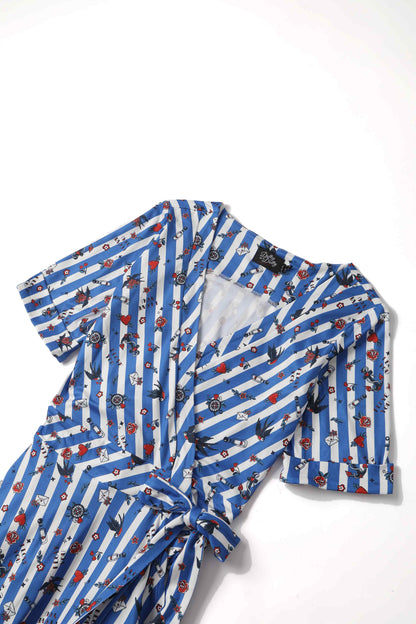 Matilda Old School Tattoo Blue Striped Wrap Dress