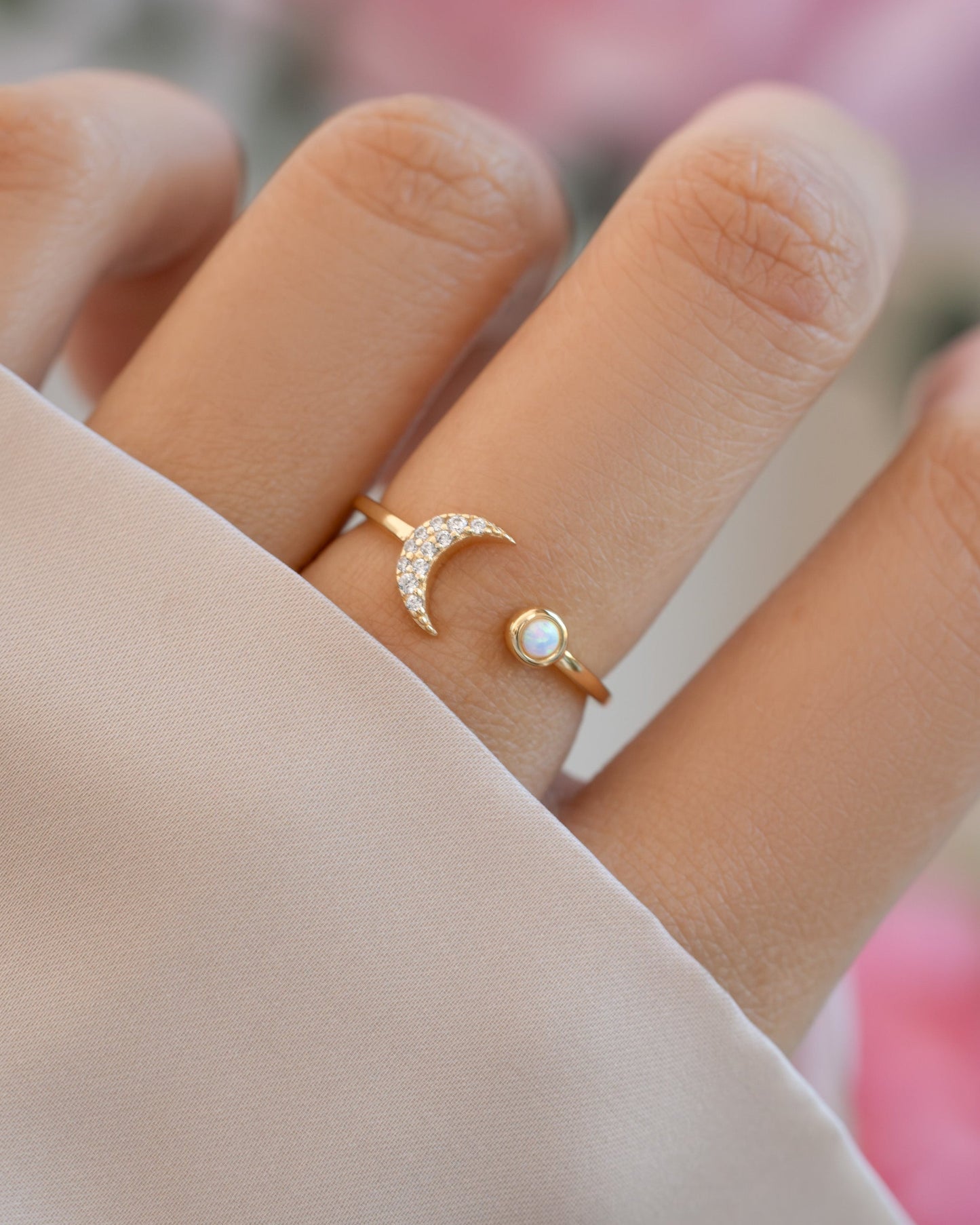 Opal & CZ Moon Ring