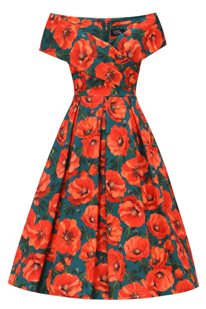 Beverly Orange Poppy Off Shoulder Dress In Green