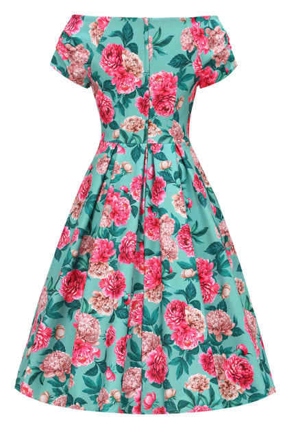 Lily Pink Peony Off Shoulder Dress In Mint Green