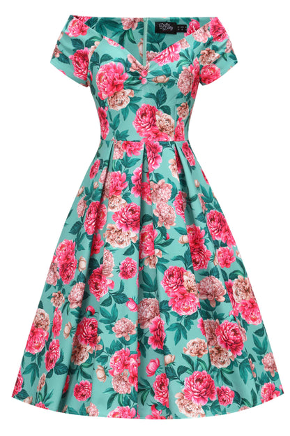 Lily Pink Peony Off Shoulder Dress In Mint Green