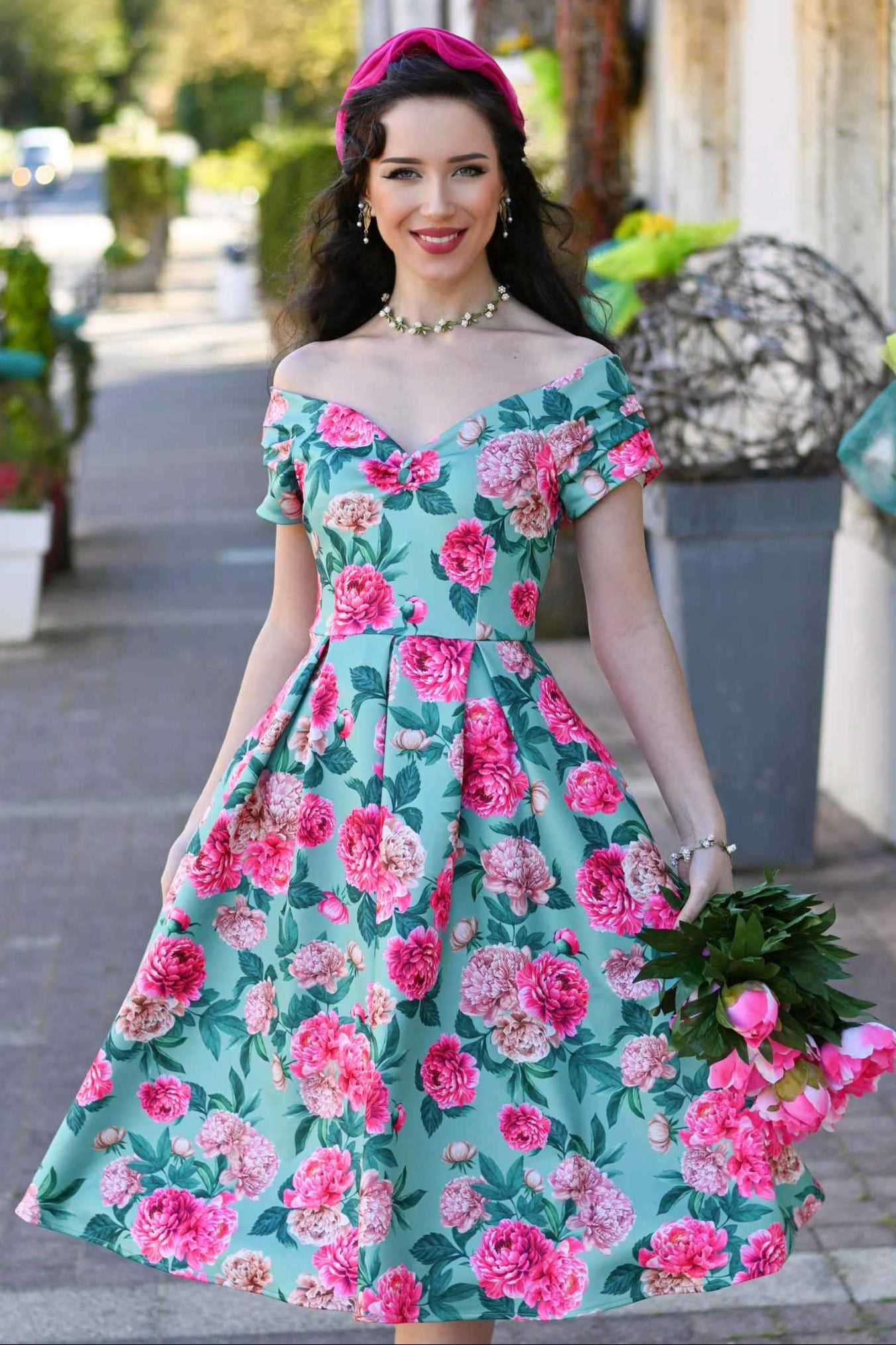 Lily Pink Peony Off Shoulder Dress In Mint Green