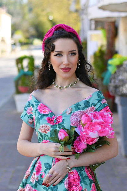 Lily Pink Peony Off Shoulder Dress In Mint Green