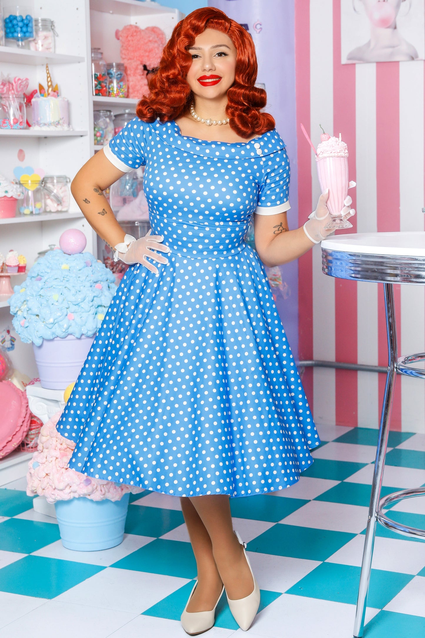 Darlene Polka Dot Circle Dress In Sky Blue