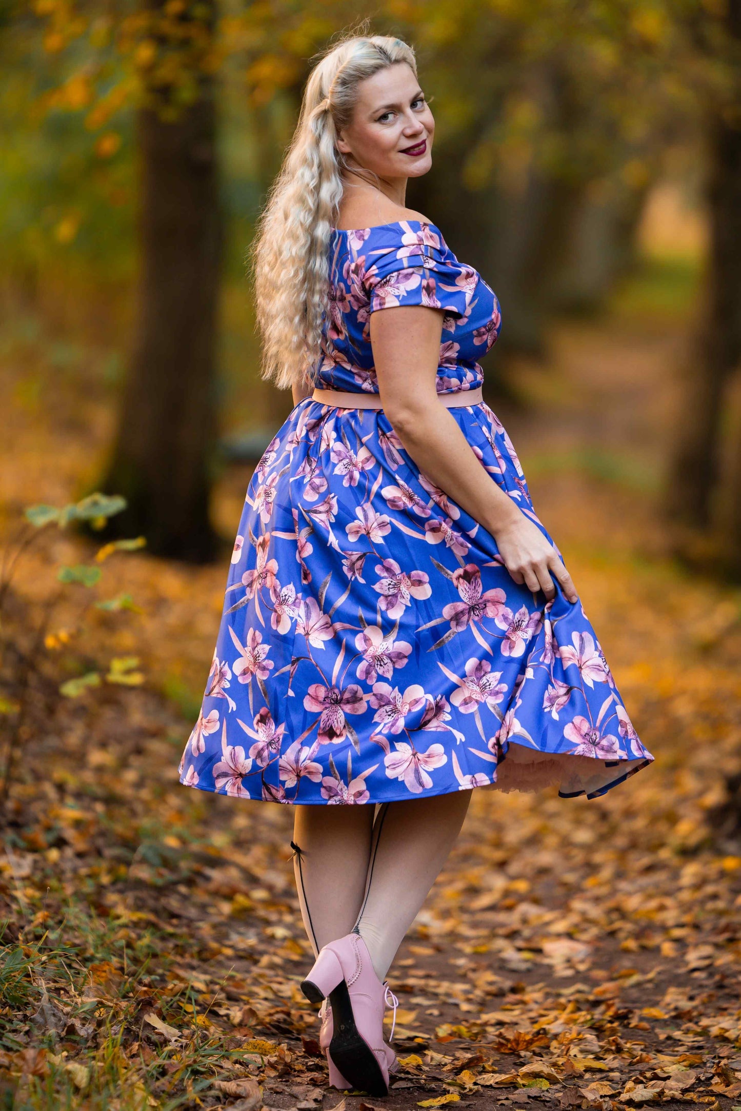 Lily Purple Alstroemeria Off Shoulder Dress