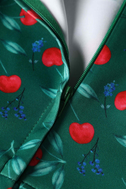Amanda Cotton Red Cherry Flared Dress In Green