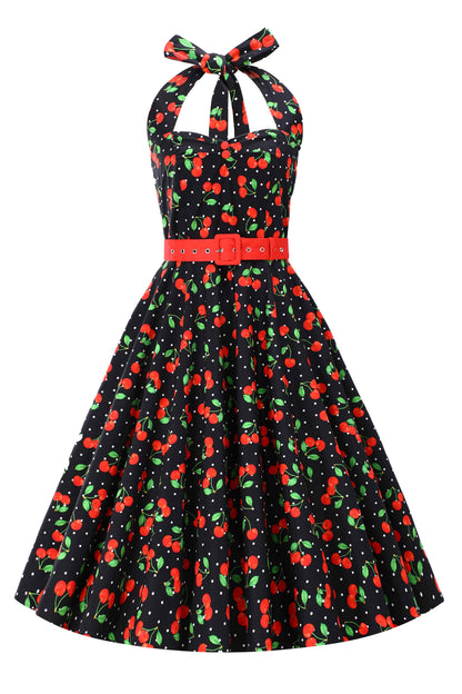 Daisy Red Cherry Halter Dress In Black