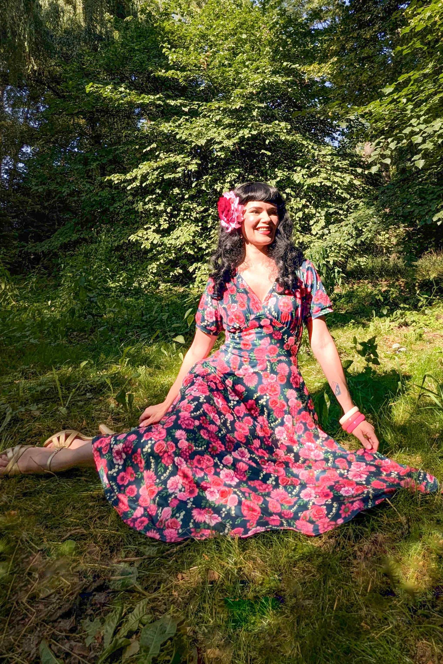 Julia Red Floral Midi Dress In Petrol Blue