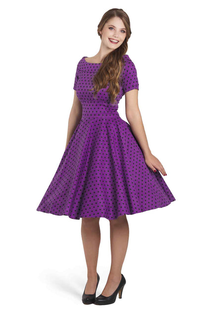 Darlene Retro Polka Dot Swing Dress in Purple