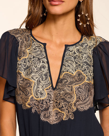 Ismeria Smocked Lace Embellished Mini Dress