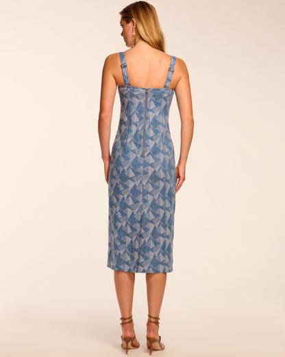 Marine Printed Denim Sleeveless Midi Dress