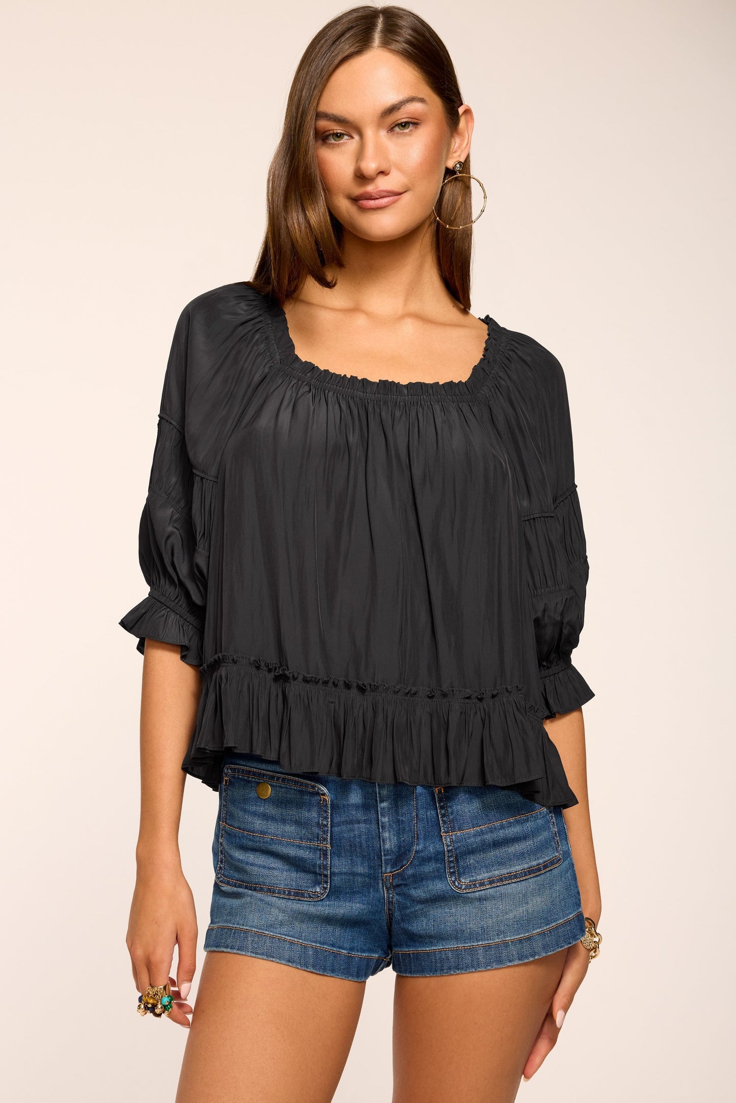 Natasha Ruched Square Neck Blouse | BLACK