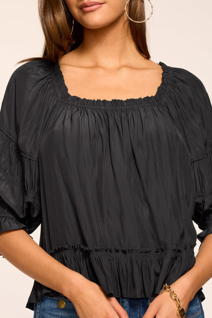 Natasha Ruched Square Neck Blouse | BLACK