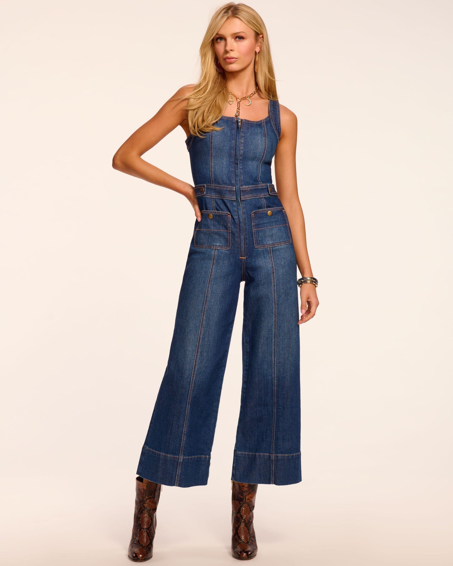 Janet Cropped Wide Leg Denim Jumpsuit