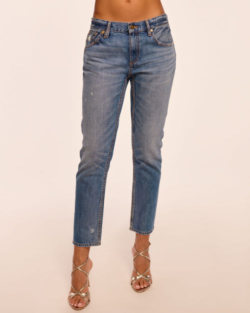 Milla Distressed Low-Rise Tapered Jean