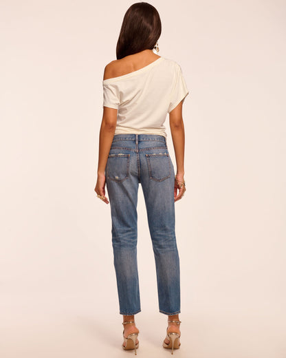 Milla Distressed Low-Rise Tapered Jean