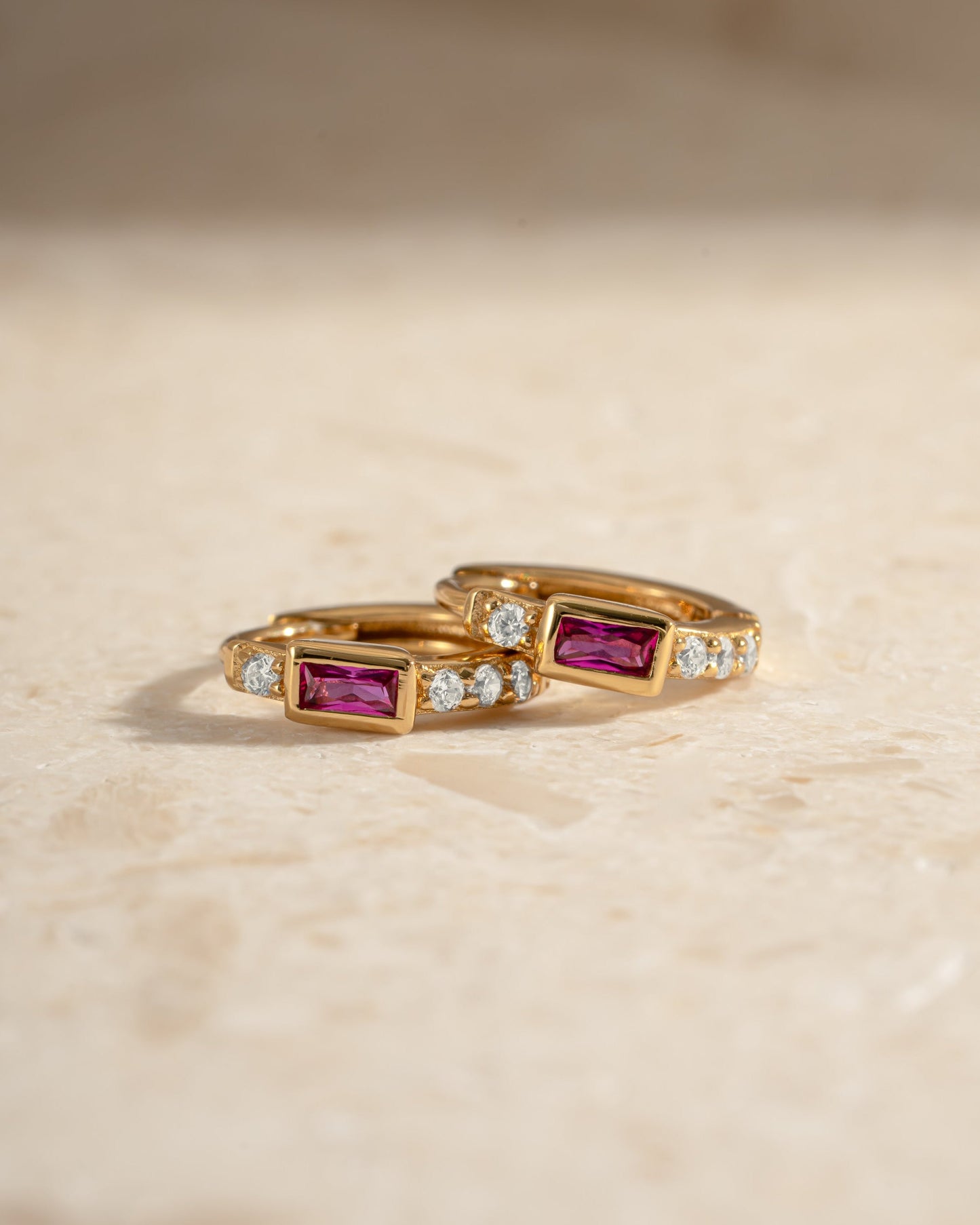 Ruby Baguette Huggie Earrings
