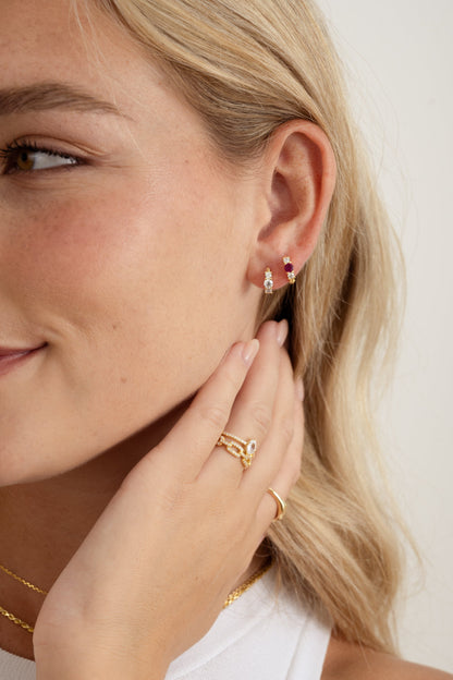 Ruby Three Stone Huggie Hoops