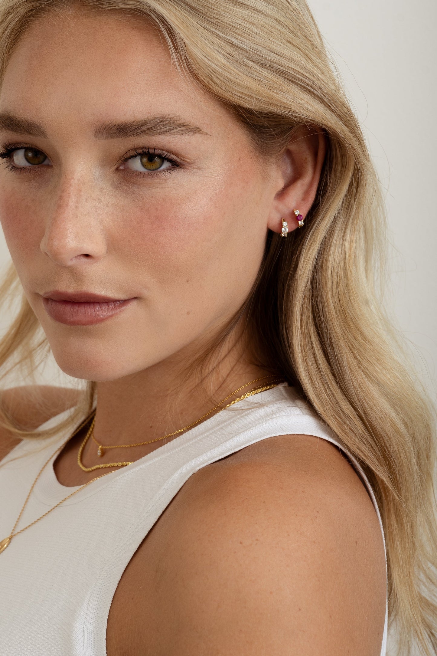 Ruby Three Stone Huggie Hoops