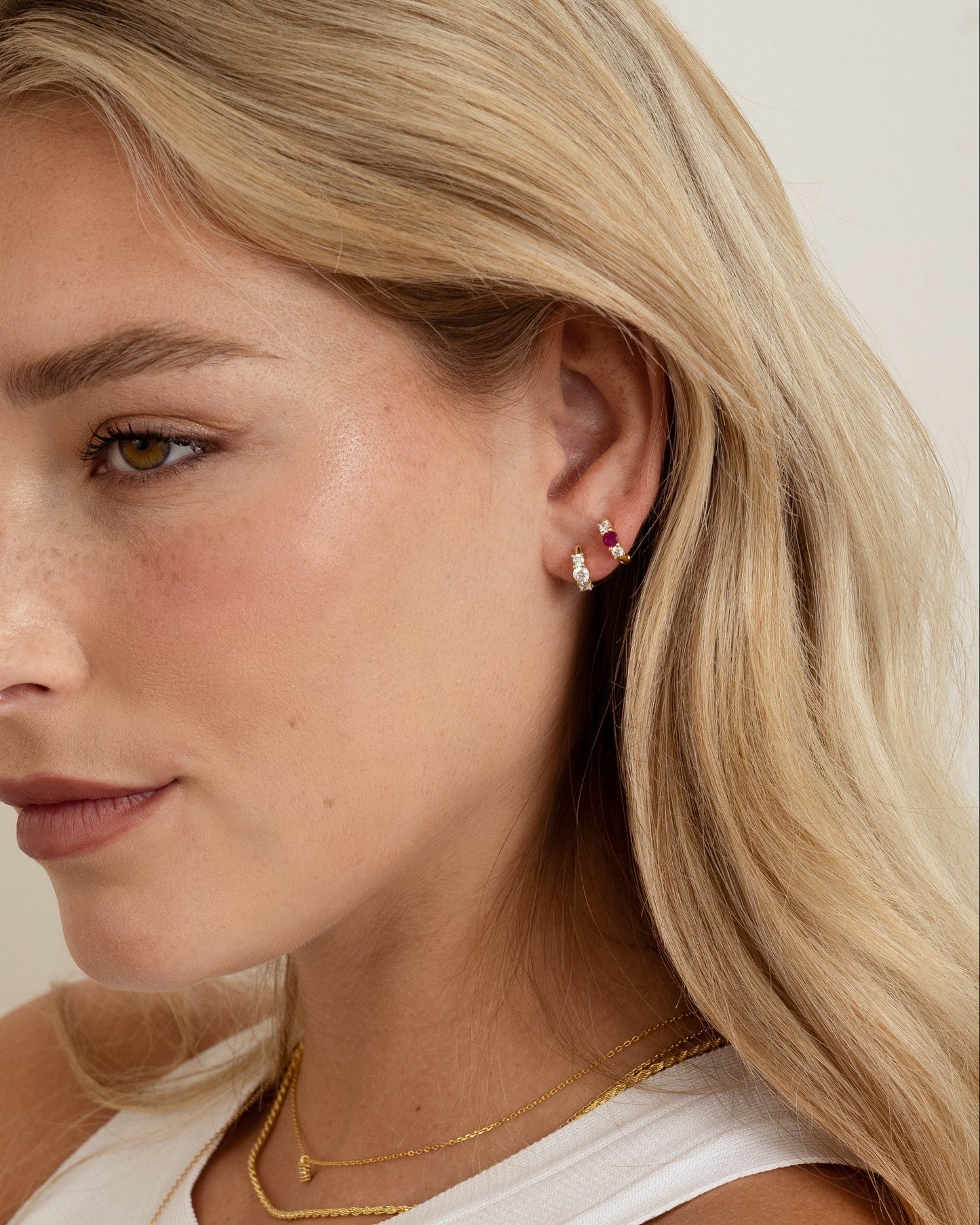 Ruby Three Stone Huggie Hoops