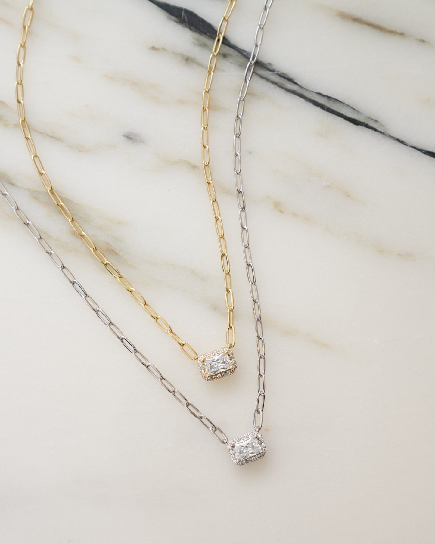 Halo Baguette Necklace w/ Paperclip Chain