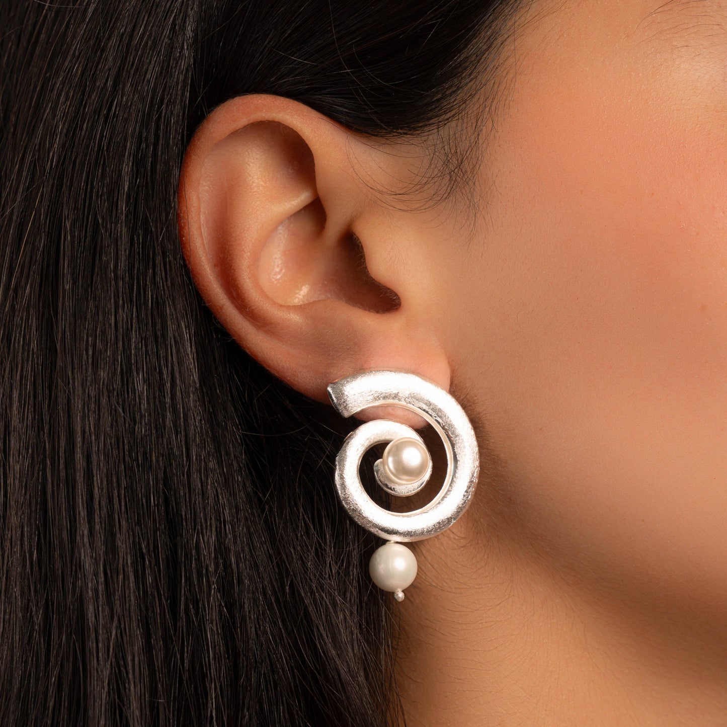 Open Spiral Pearl Earrings w/ Charm
