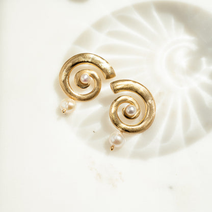 Open Spiral Pearl Earrings w/ Charm