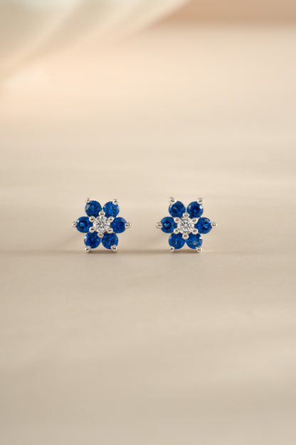 Sapphire Flower Stud W/ CZ Center Stone