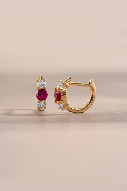 Ruby Three Stone Huggie Hoops