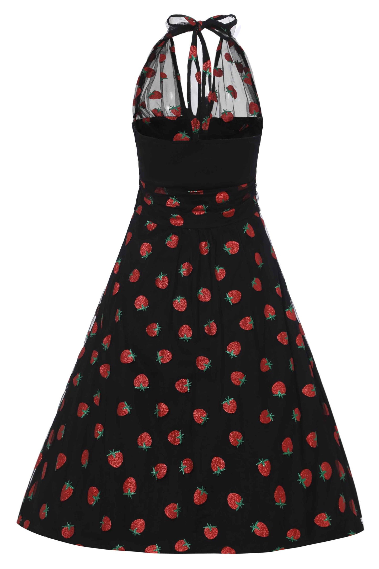 Dorothea Strawberry Black Mesh Halter Dress