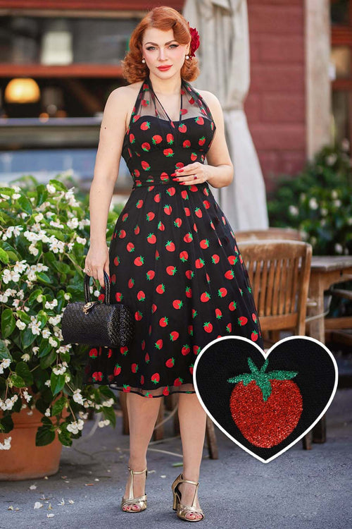 Dorothea Strawberry Black Mesh Halter Dress
