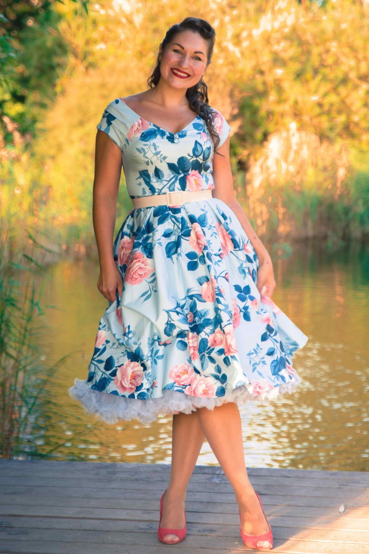 Lily Summer Rose Off Shoulder Dress In Light Blue
