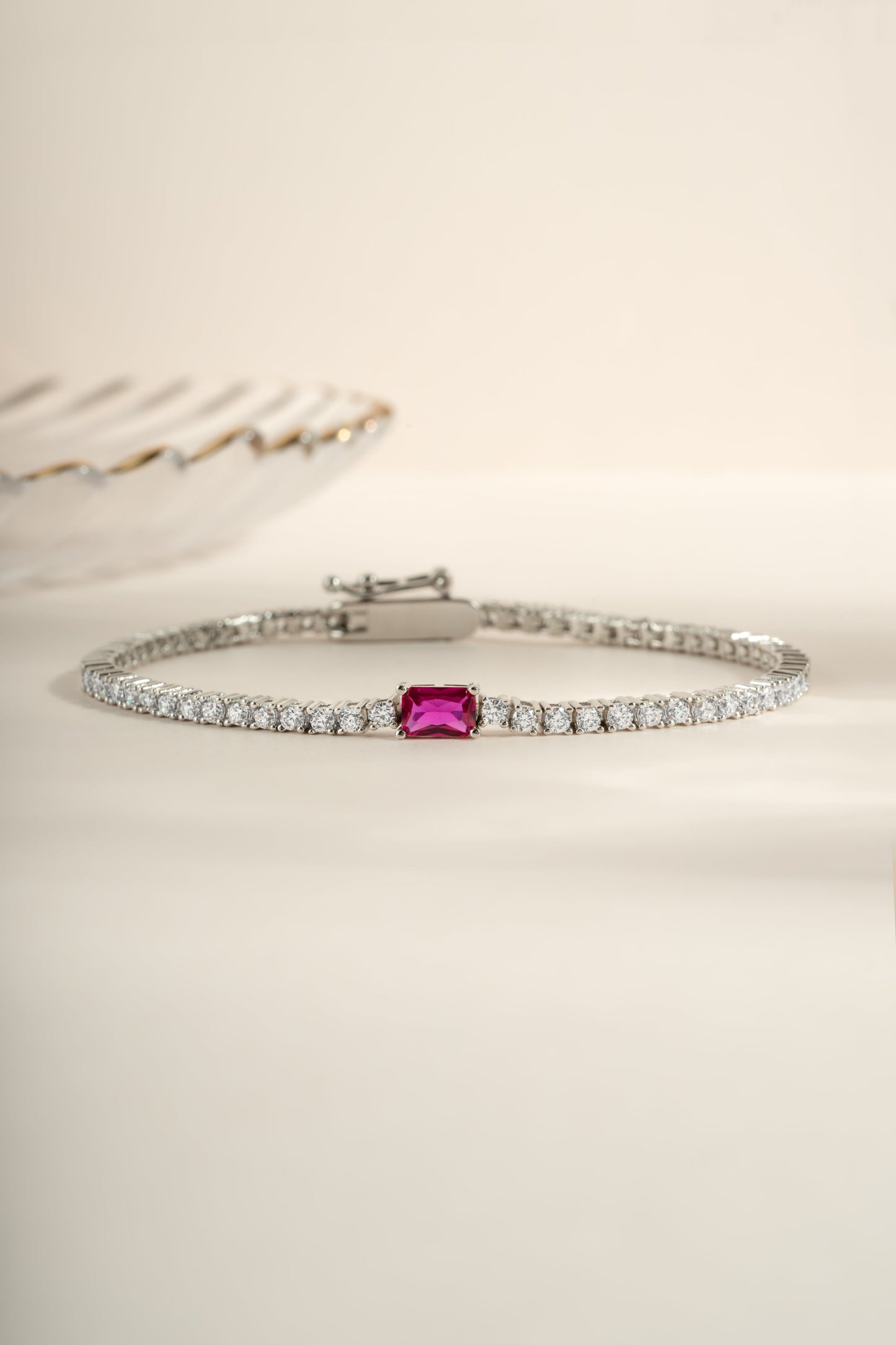 Tennis Bracelet with Ruby Baguette Charm