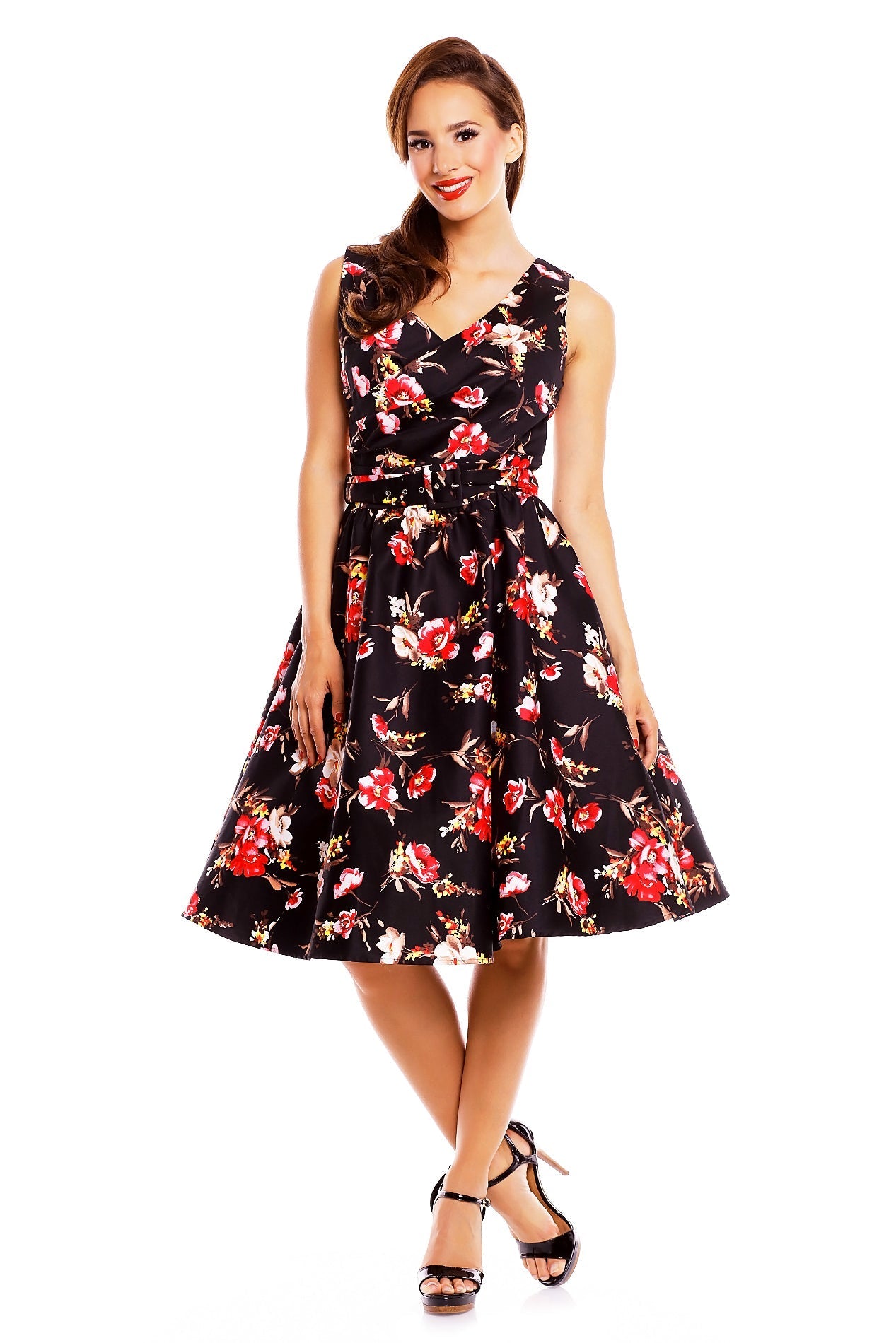 May V-neck 50s Style Swing Dress in Black-Pink Floral