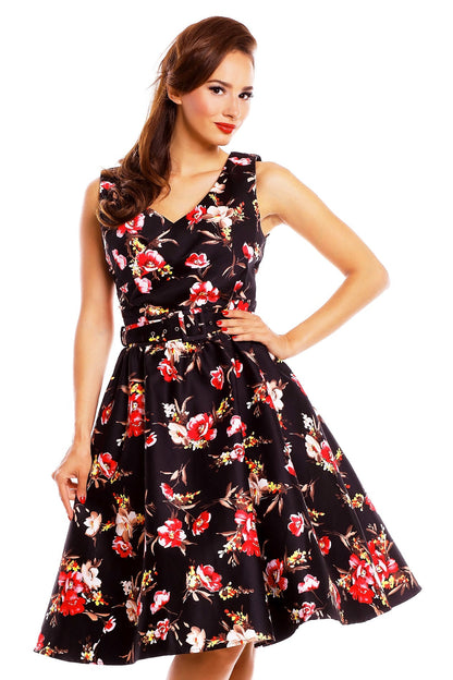May V-neck 50s Style Swing Dress in Black-Pink Floral