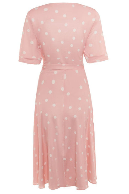 Matilda Retro Wrap Dress in Pale Pink-White Polka dots