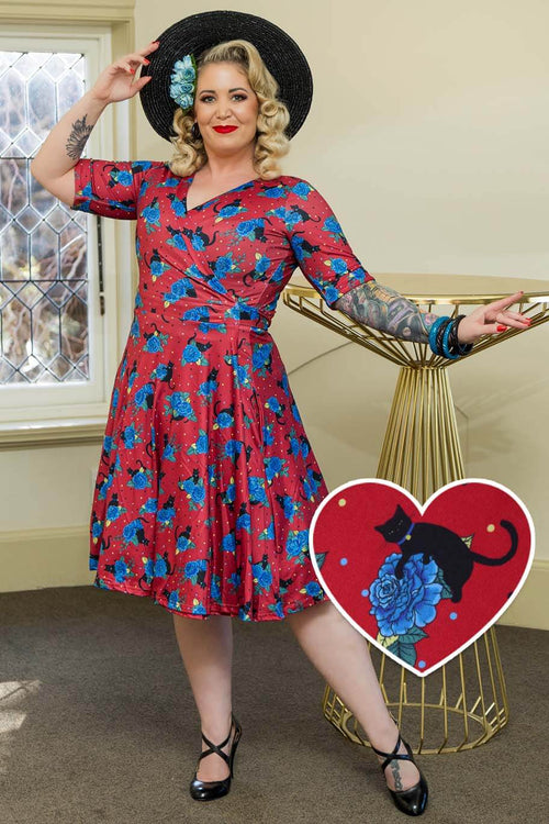 Matilda Vintage Black Cat & Rose  Wrap Dress In Red