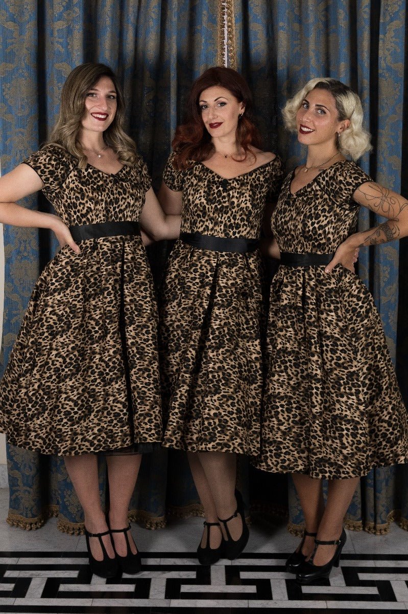 Lily Off-Shoulder Swing Dress in Brown Leopard Print